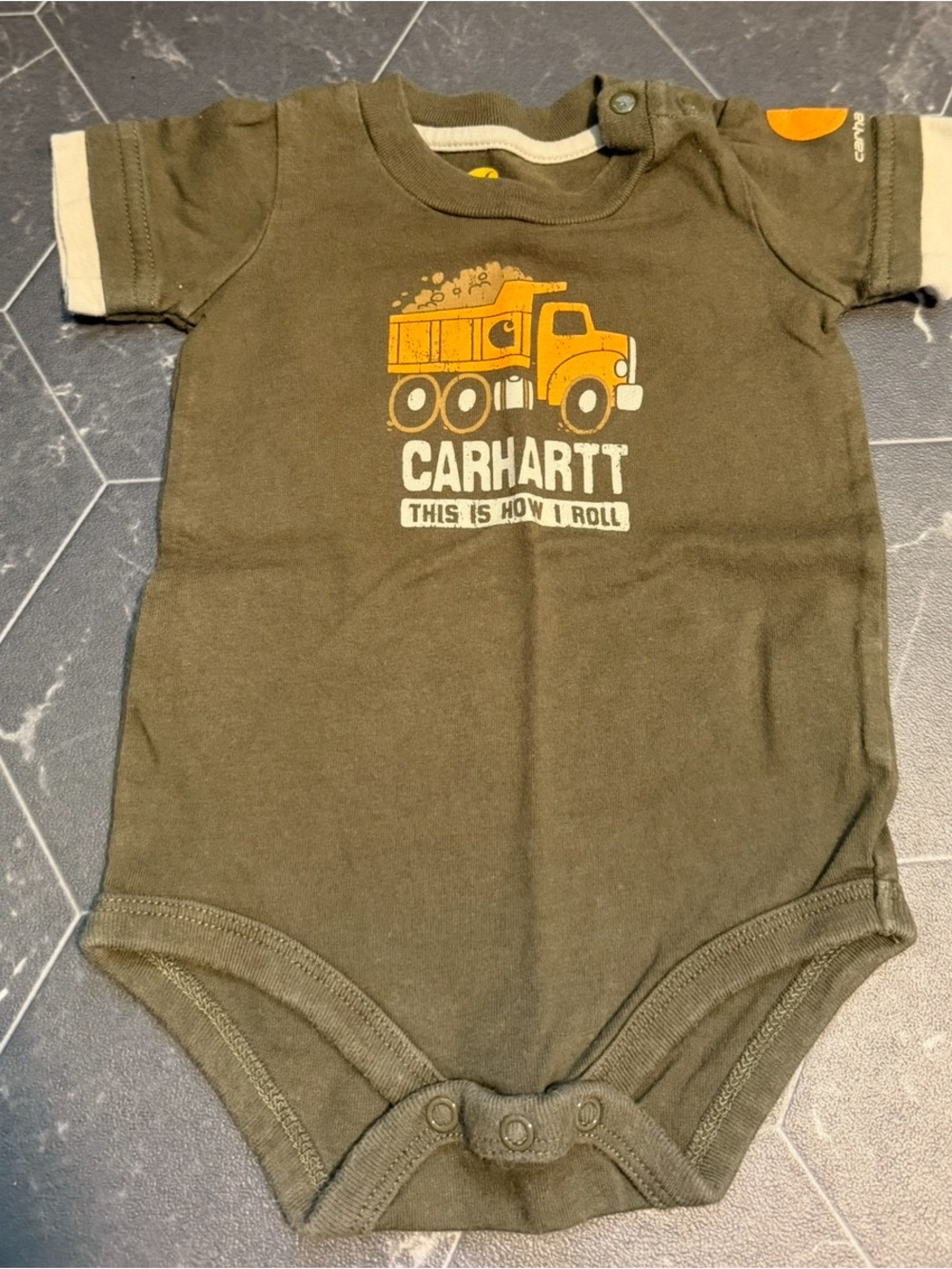Carhartt Olive Green Onesie with Yellow-Orange Dump Truck